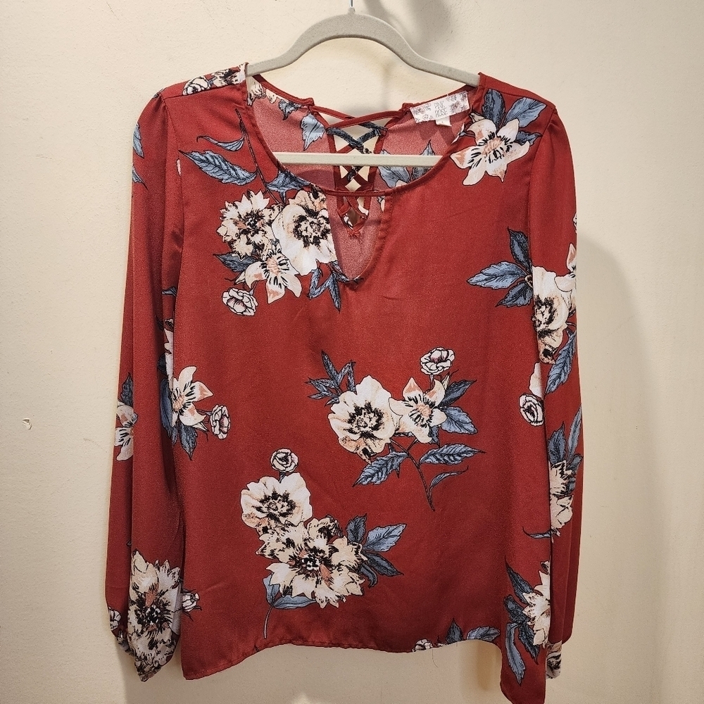Pink Rose Red Floral Long Sleeves Blouse size L